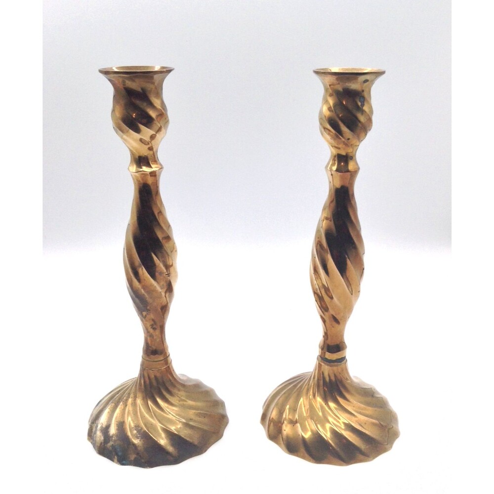 Vtg Brass Candle Holders Candlesticks Twisted Solid Distressed 10" Tall Set of 2